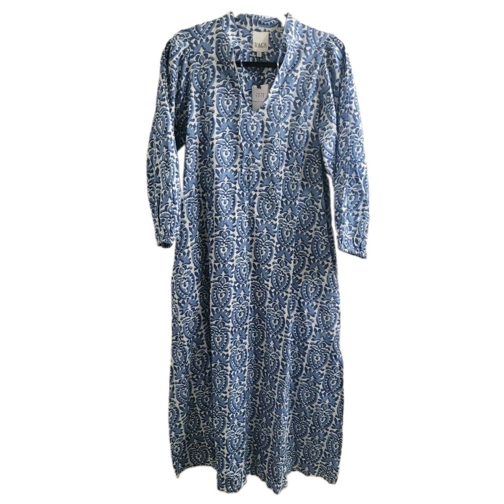RAGA Tiya Midi Dress NWT S Blue White Block Print Cotton Pockets Anthropologie